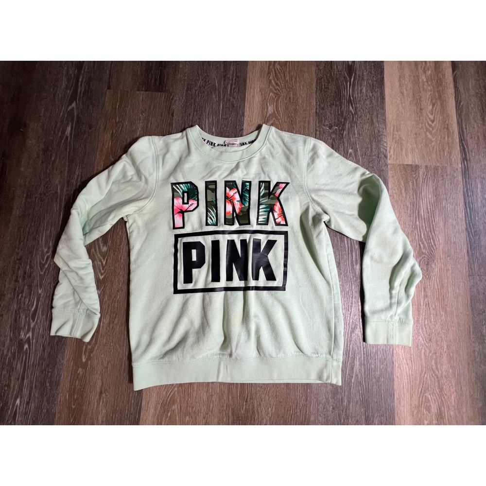 PINK Victoria's Secret Sweatshirt Womens Small Mint Green Floral Logo Pullover